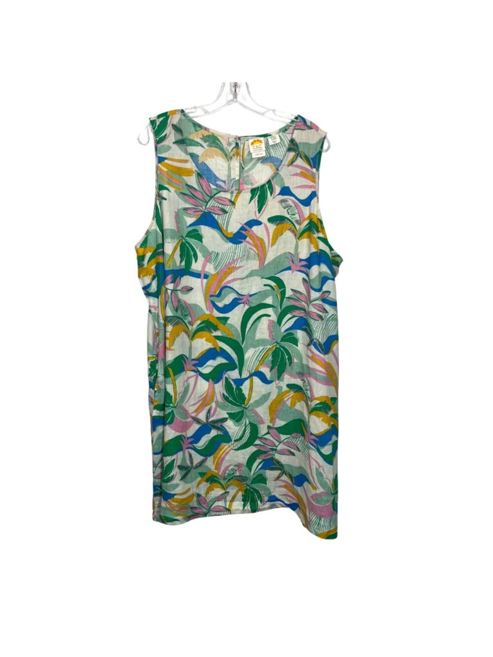 C&C California Sleeveless Tropical Print 100% Linen Shift Dress Size 2X Pockets